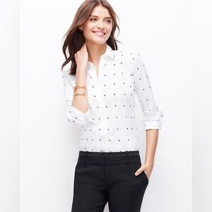 Ann Taylor Embroidered Polka Dot White Long Sleeve Button Up Size 10